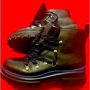 CALVIN KLEINE BLACK/BLUE UTILITY BOOTS. SIZE - 11